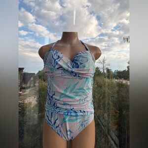 Lilly Pulitzer Light Blue One-Piece Swimsuit with Pink Logo Tag